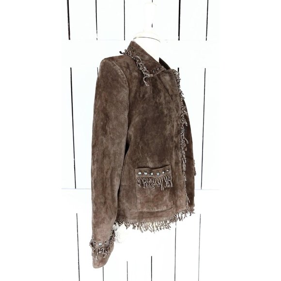 Vintage 90s brown suede leather beaded fringe country western boho jacket - Picture 6 of 8
